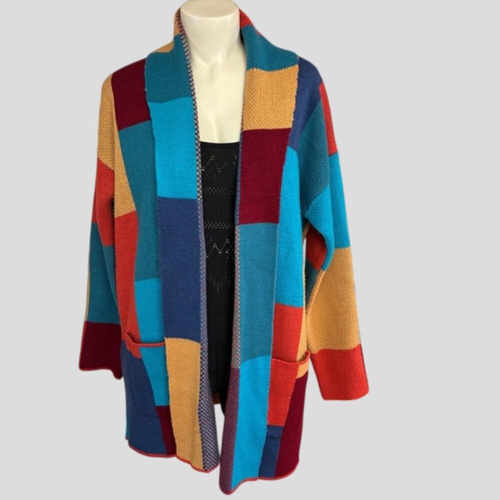 Multicolored Open Front Patchwork Long Sweater Size 3XL